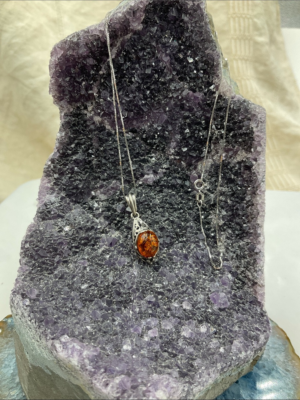 18” Italian Sterling Silver Necklace With Amber Teardrop Pendant - Picture 5 of 9